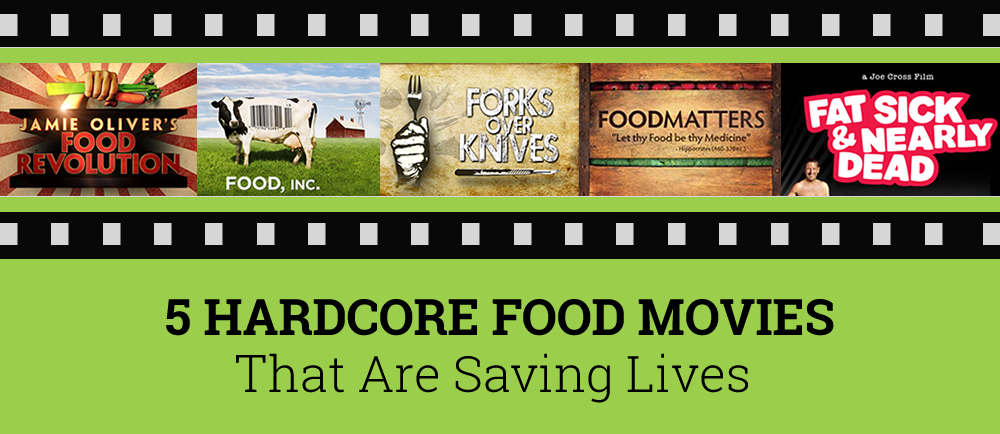 Cover photos of 5 movies - Jamie Oliver's Food Revolution, Food Inc, Forks over Knives, Foodmatters, and Fat Sick and Nearly Dead
