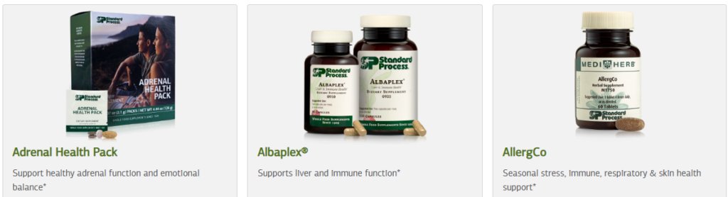 Three examples of Standard Process whole food supplements - Adrenal Health Pack, Albaplex, and AllergCo